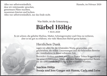 Traueranzeige von Bärbel Höltje von Deister- und Weserzeitung