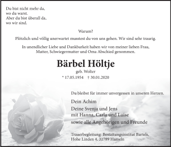 Traueranzeige von Bärbel Höltje von Deister- und Weserzeitung