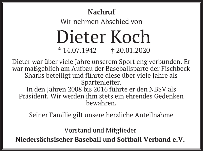  Traueranzeige für Dieter Koch vom 08.02.2020 aus Deister- und Weserzeitung