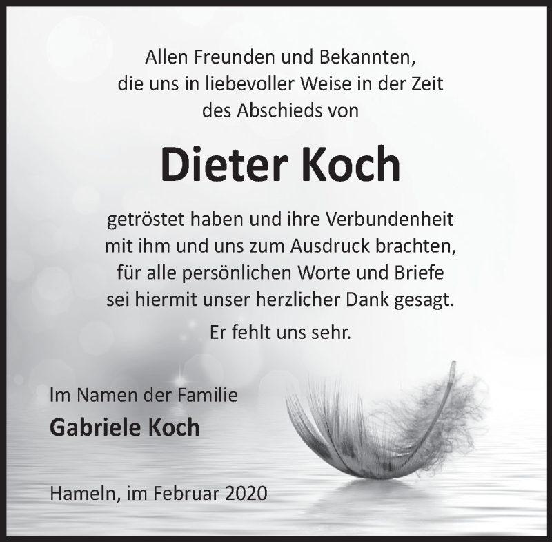  Traueranzeige für Dieter Koch vom 22.02.2020 aus Deister- und Weserzeitung
