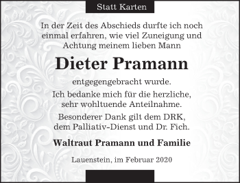 Traueranzeige von Dieter Pramann von Deister- und Weserzeitung