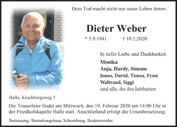 Traueranzeige von Dieter Weber von Deister- und Weserzeitung