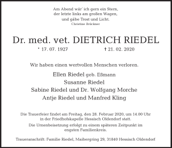 Traueranzeige von Dietrich Riedel von Deister- und Weserzeitung