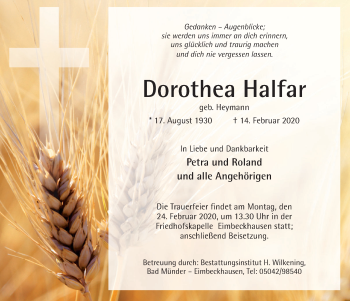 Traueranzeige von Dorothea Halfar von Neue Deister-Zeitung