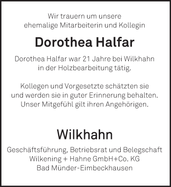 Traueranzeige von Dorothea Halfar von Neue Deister-Zeitung