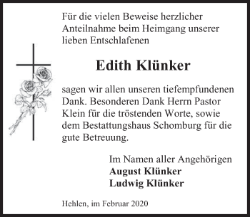 Traueranzeige von Edith Klünker von Deister- und Weserzeitung