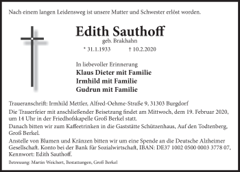 Traueranzeige von Edith Sauthoff von Deister- und Weserzeitung