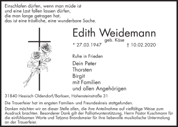 Traueranzeige von Edith Weidemann von Deister- und Weserzeitung