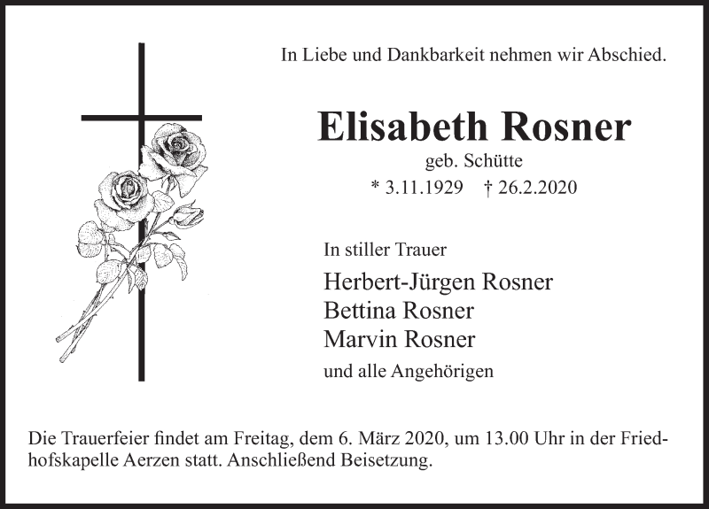  Traueranzeige für Elisabeth Rosner vom 29.02.2020 aus Deister- und Weserzeitung