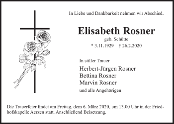 Traueranzeige von Elisabeth Rosner von Deister- und Weserzeitung