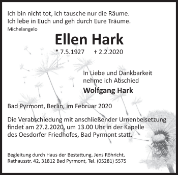 Traueranzeige von Ellen Hark von Deister- und Weserzeitung