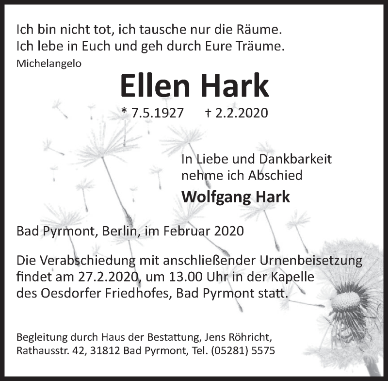  Traueranzeige für Ellen Hark vom 22.02.2020 aus Deister- und Weserzeitung