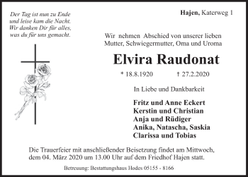 Traueranzeige von Elvira Raudonat von Deister- und Weserzeitung