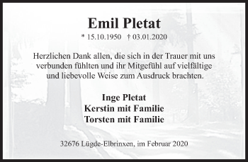 Traueranzeige von Emil Pletat von Deister- und Weserzeitung