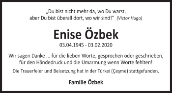 Traueranzeige von Enise Özbek von Deister- und Weserzeitung