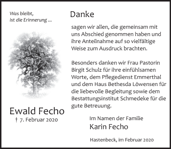 Traueranzeige von Ewald Fecho von Deister- und Weserzeitung