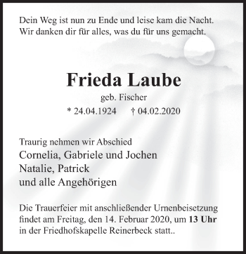Traueranzeige von Frieda Laube von Deister- und Weserzeitung