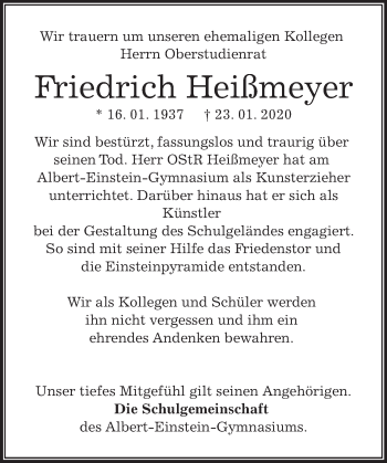 Traueranzeige von Friedrich Heißmeyer von Deister- und Weserzeitung