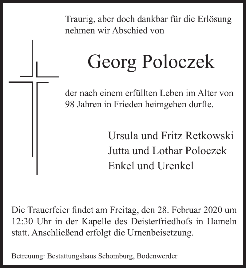  Traueranzeige für Georg Poloczek vom 22.02.2020 aus Deister- und Weserzeitung