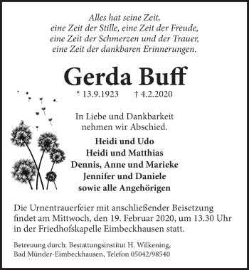 Traueranzeige von Gerda Buff von Neue Deister-Zeitung