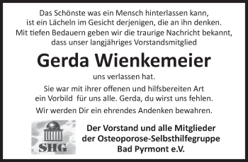 Traueranzeige von Gerda Wienkemeier von Deister- und Weserzeitung