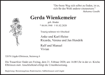 Traueranzeige von Gerda Wienkemeier von Deister- und Weserzeitung