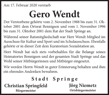 Traueranzeige von Gero Wendt von Neue Deister-Zeitung