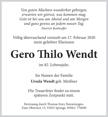 Traueranzeige von Gero Thilo Wendt von Neue Deister-Zeitung