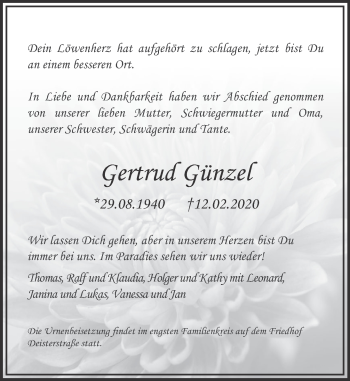 Traueranzeige von Gertrud giinzel von Deister- und Weserzeitung