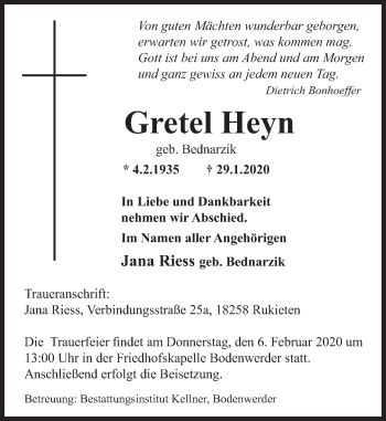 Traueranzeige von Gretel Heyn von Deister- und Weserzeitung
