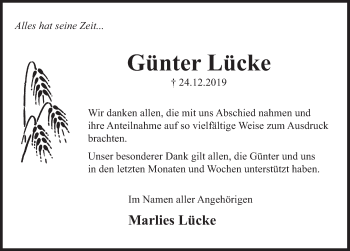 Traueranzeige von Günter Lücke von Deister- und Weserzeitung