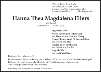 Traueranzeige von Hanna Thea Magdalena Eilers von Deister- und Weserzeitung