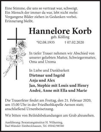 Traueranzeige von Hannelore Korb von Deister- und Weserzeitung