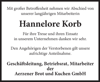 Traueranzeige von Hannelore Korb von Deister- und Weserzeitung