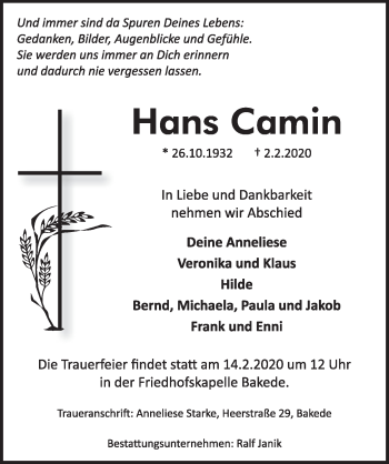 Traueranzeige von Hans Camin 