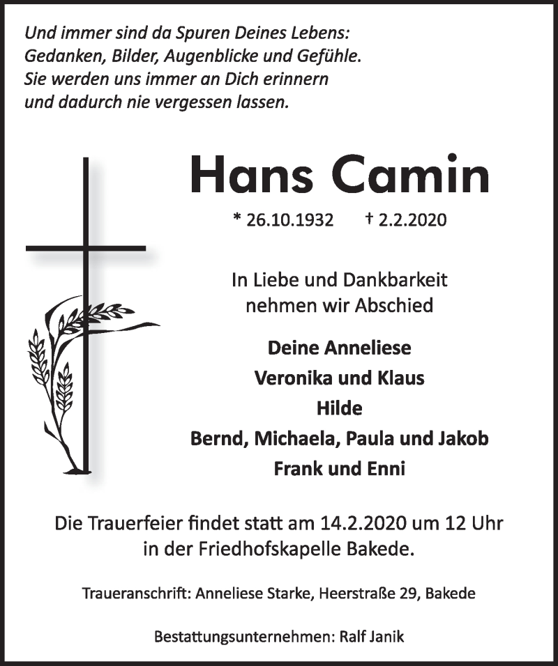 Traueranzeige für Hans Camin vom 12.02.2020 aus 