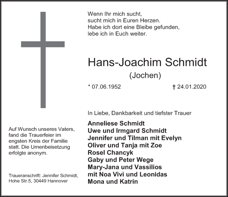  Traueranzeige für Hans-Joachim Schmidt vom 08.02.2020 aus Deister- und Weserzeitung