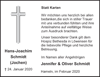 Traueranzeige von Hans-Joachim Schmidt von Deister- und Weserzeitung