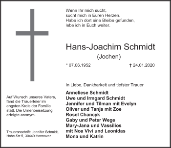 Traueranzeige von Hans-Joachim Schmidt von Deister- und Weserzeitung