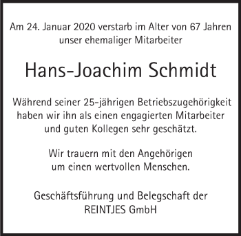 Traueranzeige von Hans-Joachim Schmidt von Deister- und Weserzeitung