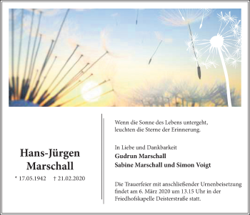 Traueranzeige von Hans-Jürgen Marschall von Deister- und Weserzeitung