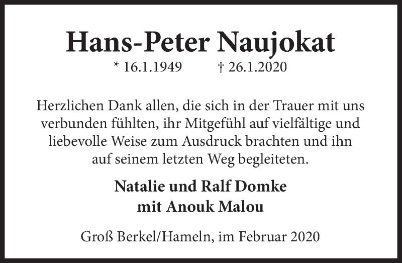  Traueranzeige für Hans-Peter Naujokat vom 29.02.2020 aus Deister- und Weserzeitung