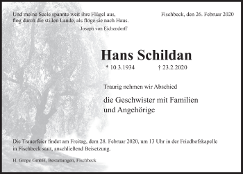 Traueranzeige von Hans Schildan von Deister- und Weserzeitung