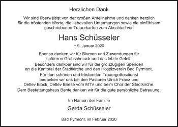 Traueranzeige von Hans Schüsseler von Deister- und Weserzeitung