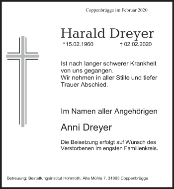 Traueranzeige von Harald Dreyer von Deister- und Weserzeitung