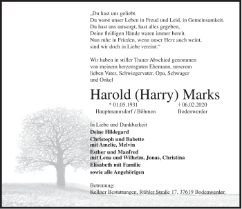Traueranzeige von Harold Marks von Deister- und Weserzeitung