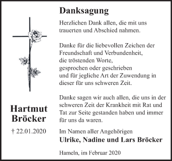 Traueranzeige von Hartmut Bröcker von Deister- und Weserzeitung