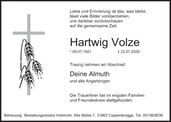 Traueranzeige von Hartwig Volze von Deister- und Weserzeitung