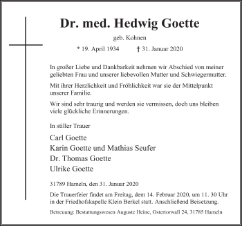 Traueranzeige von Hedwig Goette von Deister- und Weserzeitung