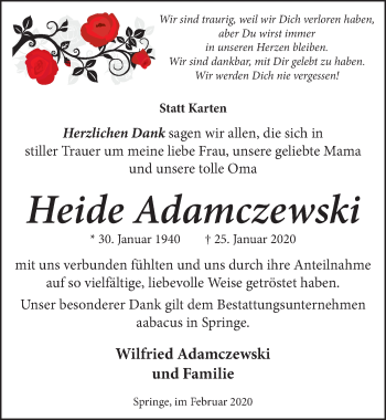 Traueranzeige von Heide Adamczewski von Neue Deister-Zeitung